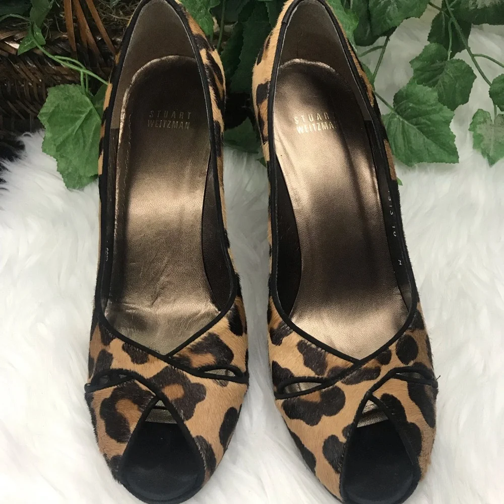 Stuart Weitzman Leopard Calf Hair Peep Toe Pumps size 10